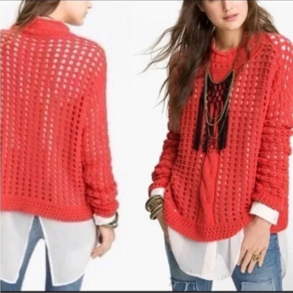 Free People boho oversized Orange Red crochet Cotton Blend pullover Sweater XS